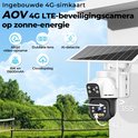AOV 4G LTE beveiligingscamera op zonne-energie met ingebouwde 4G simkaart, dubbele lens, AI-detectie en 355° rotatie.