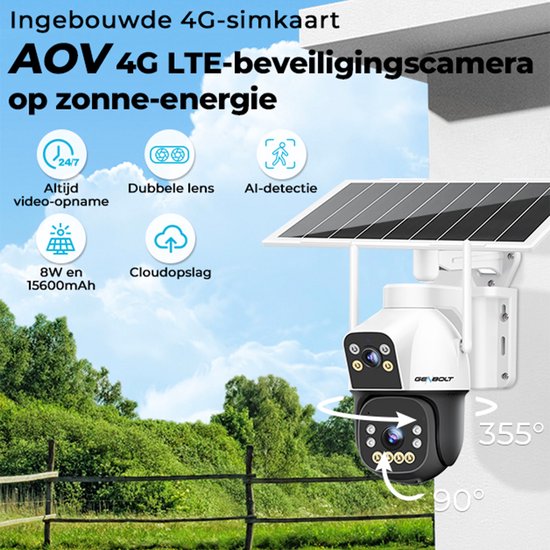 AOV 4G LTE beveiligingscamera op zonne-energie met ingebouwde 4G simkaart, dubbele lens, AI-detectie en 355° rotatie.