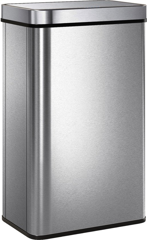Grijze RVS prullenbak, detailopname van de voorkant met geborsteld metalen afwerking en zwarte basis.