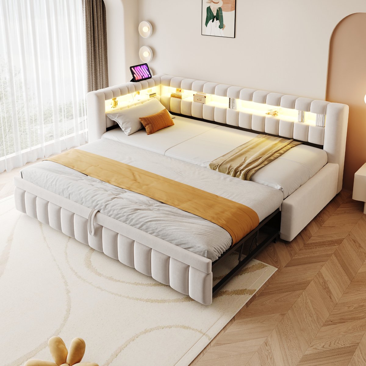MODFU - Slaapbank Met Uitschuifbed En Ledverlichting - Klassiek - Voor Woonkamer Of Logeerkamer - Gestoffeerd - Beige - 90 X 200 Cm
