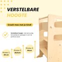 Houten leertoren met verstelbare hoogtes op drie niveaus: 29 cm, 36 cm en 44 cm.