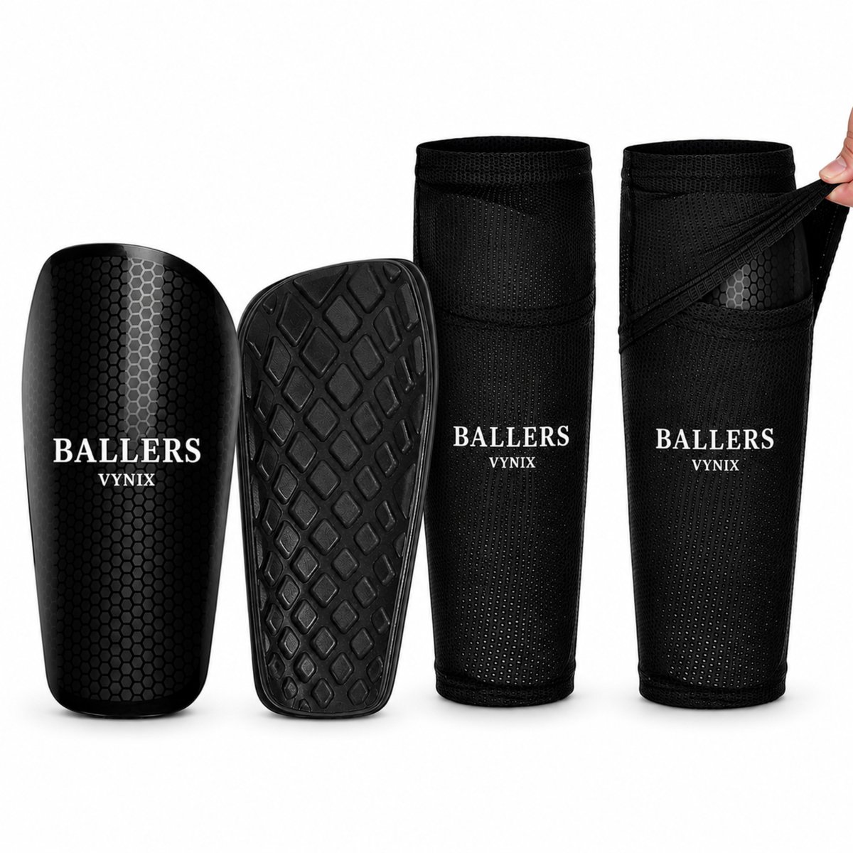 Vynix Ballers Voetbal Scheenbeschermers met Sleeves – Scheenbeschermers Voetbal – Shin Pads – Schokabsorberende Padding – 19x9 cm – Zwart