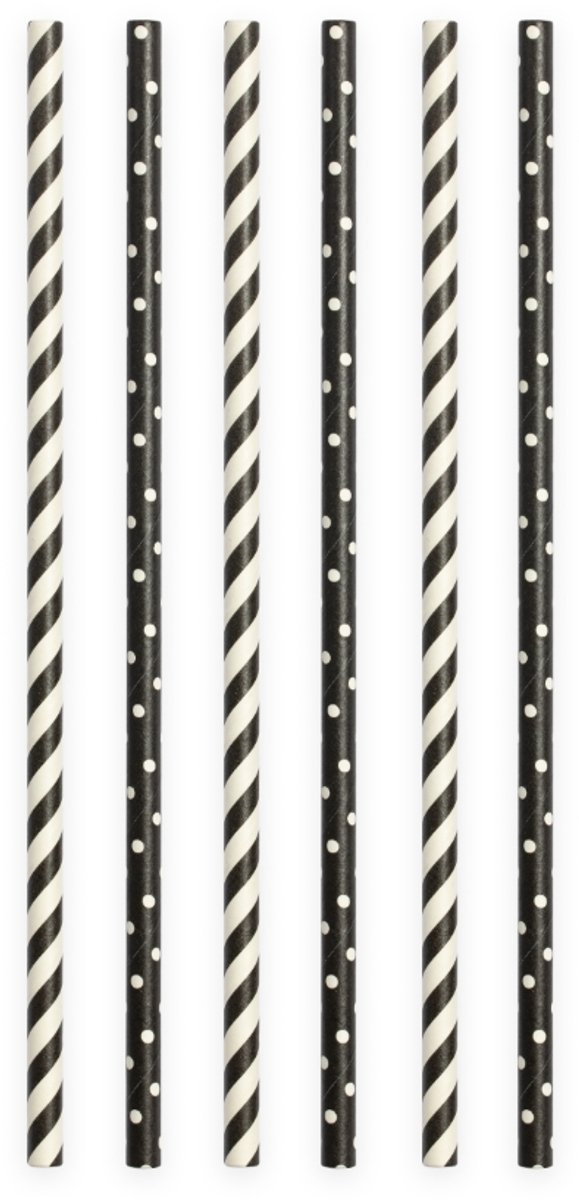 500 Papieren Rietjes Zwart Gestreept & Gestipt - 6mm x 197mm - Bulkverpakking 500 stuks - Grootverbruik - Themafeest, Halloween & verjaardagsfeest