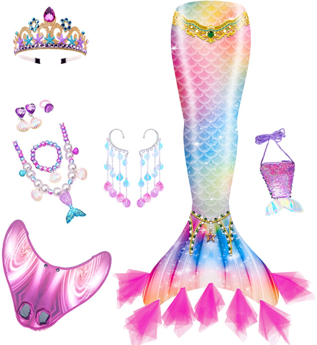 Zeemeerminstaart Zwemset Meisjes - Zeemeermin Bikini Set - Zeemeerminstaart Met Zeemeerminvin - Verkleedset Met Sieraden - Maat 130