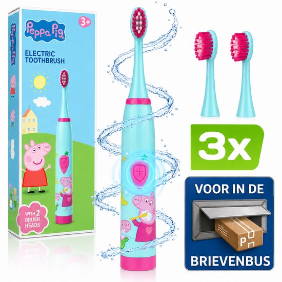 Peppa Pig elektrische tandenborstel, turquoise met roze, met 3 borstels en water-effect.