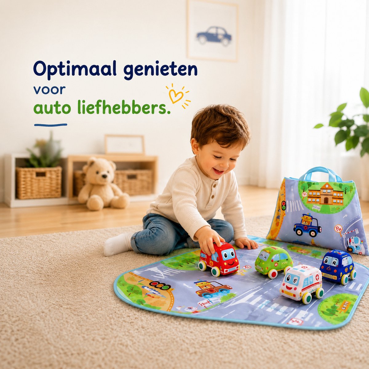 Speelmat Auto's Met Opbergtas - 4 Houten Voertuigen - Speelkleed Auto - Educatief Speelgoed - Cadeau Jongens En Meisjes Vanaf 1 Jaar — afbeelding 4
