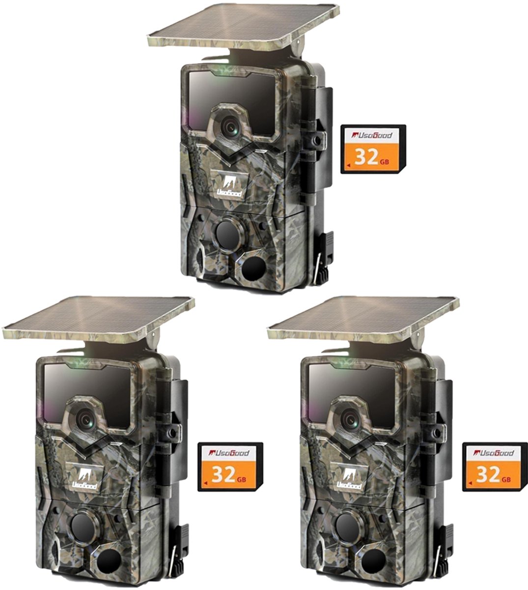 Usogood Wildcamera met Nachtzicht - 4K Ultra HD - Wildcamera met Zonnepaneel - Oplaadbare lithium-Accu - Bewegingsdetectie - Waterdicht - Incl. 32GB SD - 3 Stuks