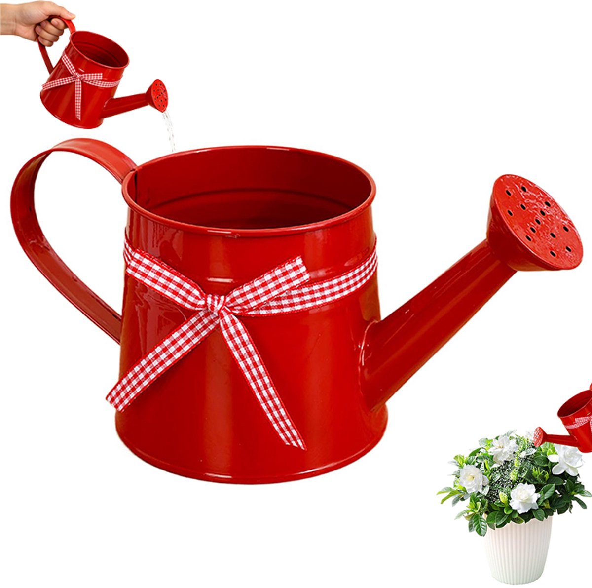 Gieter - Metalen gieter - Sproeier - Tuingieter - Smeedijzeren tuingieter - Met douchekop en geruit lint - Draagbare sproeier - 10.5x11x12cm - Rood - Geschikt voor binnen gazon tuin en buitengebruik