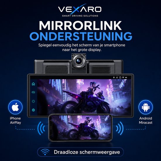 Vexaro Draagbaar Apple CarPlay & Android Auto Scherm - Met Ingebouwde Dashcam - 10,26 Inch On-Dash Navigatie - Bluetooth & FM — afbeelding 3