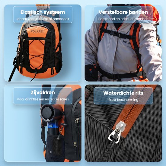 Oranje Polarex rugzak met elastisch koordsysteem voor jas, verstelbare borst- en schouderbanden, en zijvakken voor drinkflessen. Waterdichte rits.