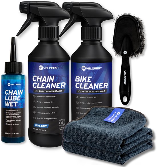 Velorest Fiets Schoonmaak Set - Fiets Onderhoud - Fietsketting Reiniger Set - Kettingreiniger fiets - Ontvetter Fiets - Bike Cleaner - Chain Cleaner - Chain Lube - Ketting Wax - Inclusief Borstel en Microvezeldoeken