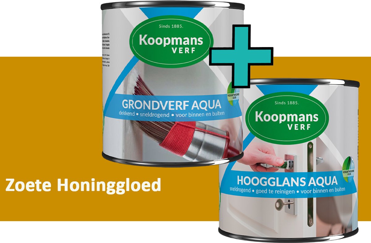 Koopmans Grondverf Aqua en Hoogglans Aqua Verfset - Binnen en Buiten - Zoete Honinggloed - 2x 1,5 l