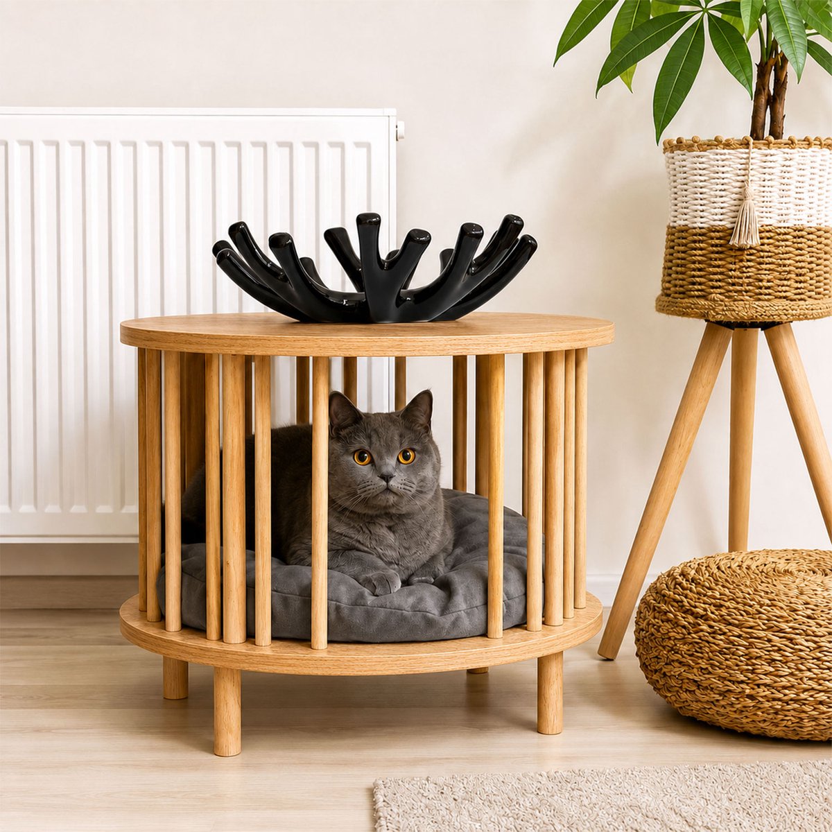 Jungengel Kattenhuisje Hout Rond – 2-in-1 Kattenmand met Bijzettafel 53x53x43cm Naturel