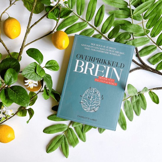Boek 'Overprikkeld brein' omringd door citroentakken met bladeren, citroenen en bloesems.