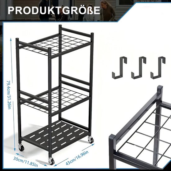Zware Stalen Tuingereedschap Opbergrek met Haken en Wielen - Roestbestendige Gereedschapsorganizer voor Tuin en Garage - Zwart — afbeelding 2