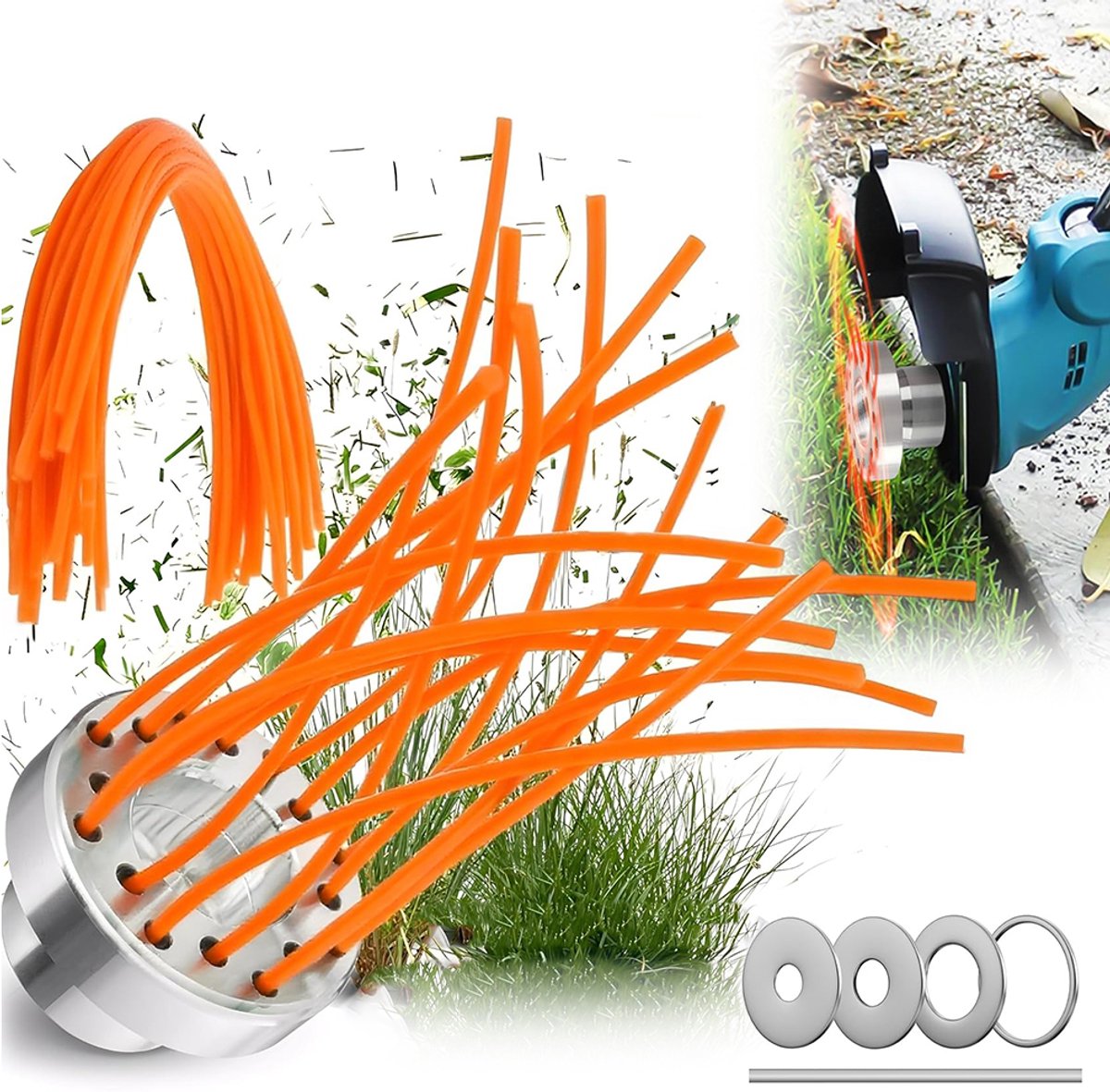 Trimmerkop van aluminiumlegering - met oranje nylonkoord — Inclusief 1 trimmerkop van aluminiumlegering, 43 nylonkoorden (30 cm, vierkant), 1 ronde sleutel en 4 ringen.