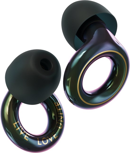 Paire d'écouteurs noirs avec un anneau iridescent marqué 'LIVE LOVE UNITE'.