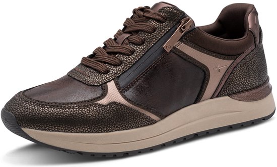 Bruine Tamaris sneaker met bronzen textuur en rits.