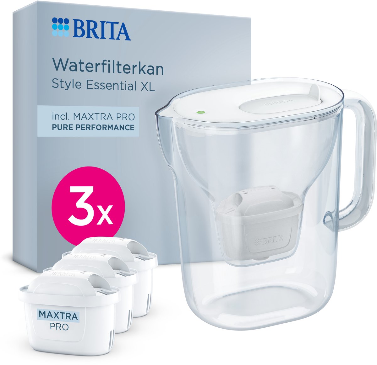 BRITA Waterfilterkan Style Essential XL - 3,6L - Wit - incl. 3x MAXTRA PRO Pure Performance - grote filterkan met Smart Light LED & klapdeksel, filtert verontreinigingen & meer