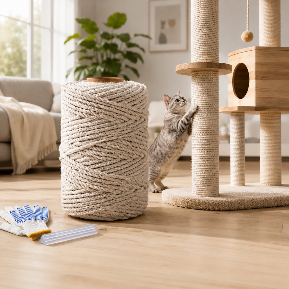 Topmelon Sisal touw set - Sisal natuur touw (6mm, 50M) voor kattenkrabpaal of - boom, DIY Decoratie - met 1 paar handschoenen en 10 smeltlijmstaafjes