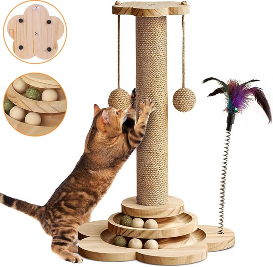 Krabpaal Voor Katten - Houten Krabpaal - Klein Kitten Krabpaal Speelplatform - Met Interactieve Baan En Veerspeelgoed