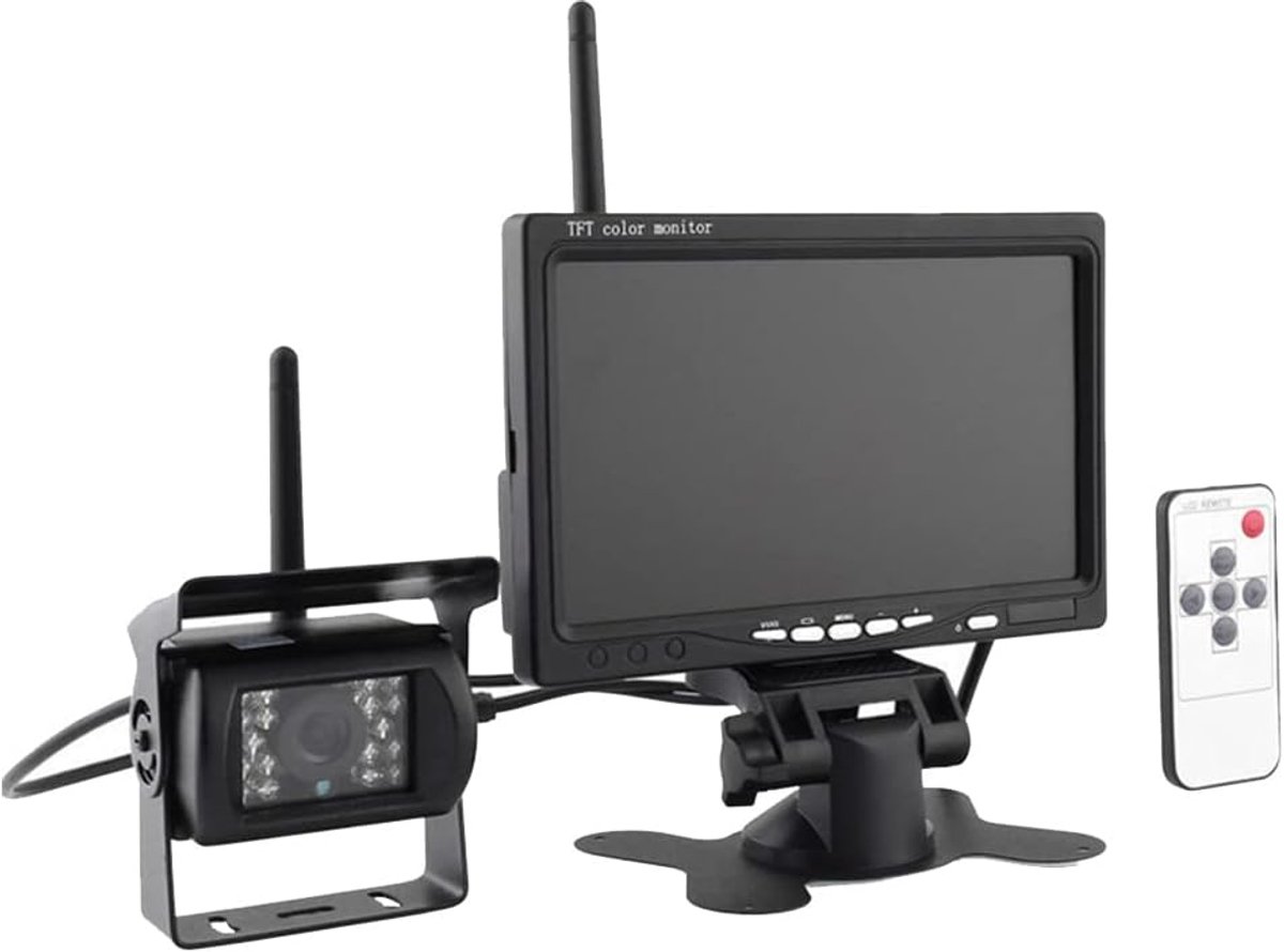 Draadloze achteruitrijcamera (12V/24V) geschikt voor 18 infrarood-LED-nachtzichtlampjes, 7-inch TFT-LCD-scherm, IP67 waterdicht en eenvoudig te installeren.