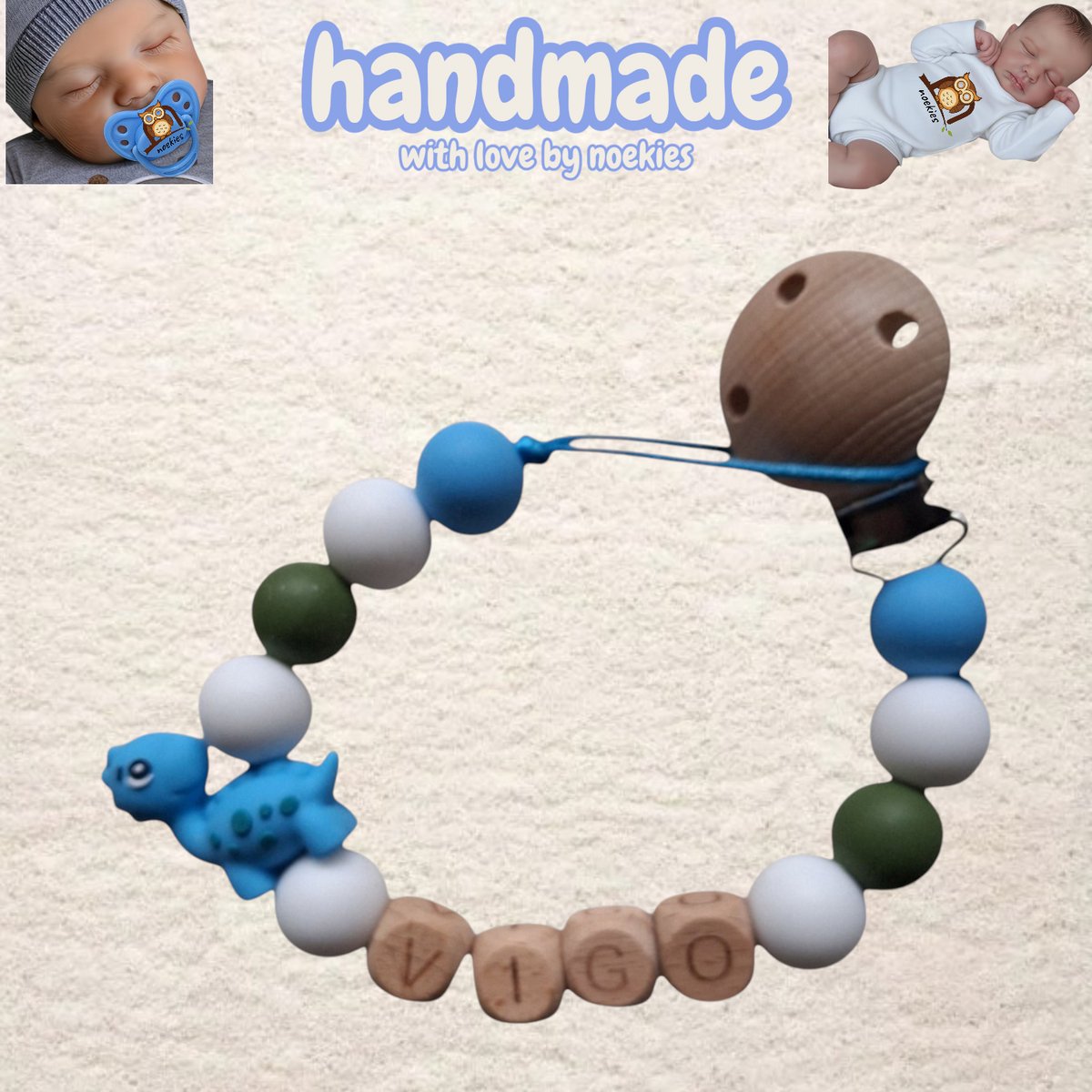 noekies naam speenkoord dino blauw khaki wit Kraamcadeau - Speenketting - Babycadeau - Babyshower nr 2