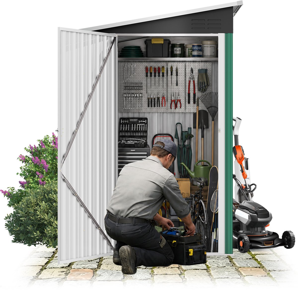 ACXIN Metalen Tuinhuis - Weerbestendige Gereedschapsschuur - Schuin Dak & Ventilatie - Afsluitbare Tuinopslag - 192x132x185 cm - Groen