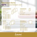 Overzicht van Lavea Maya hoeslakens: maten en compatibiliteit met bedden en toppers.
