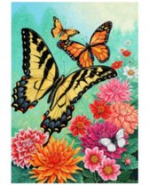 Diamond painting met gele en oranje vlinders op felgekleurde bloemen.