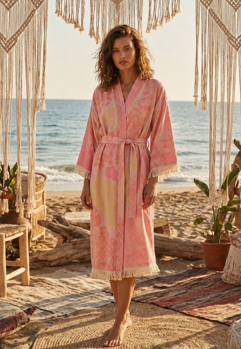 Kimono Dames Sauna & Wellness - Katoenen Badjas Zomer - roze