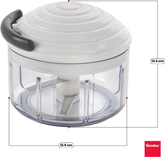 Witte keukenmachine met grijze hendel, afmetingen 12.5 x 13.5 cm.