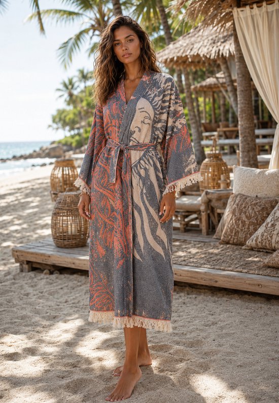 Kimono Dames Sauna & Wellness - Katoenen Badjas Zomer - Indiaan & Maan - koraal