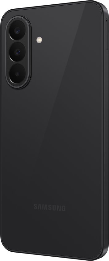 Zijaanzicht van de achterkant van de zwarte Samsung Galaxy A27 5G smartphone.