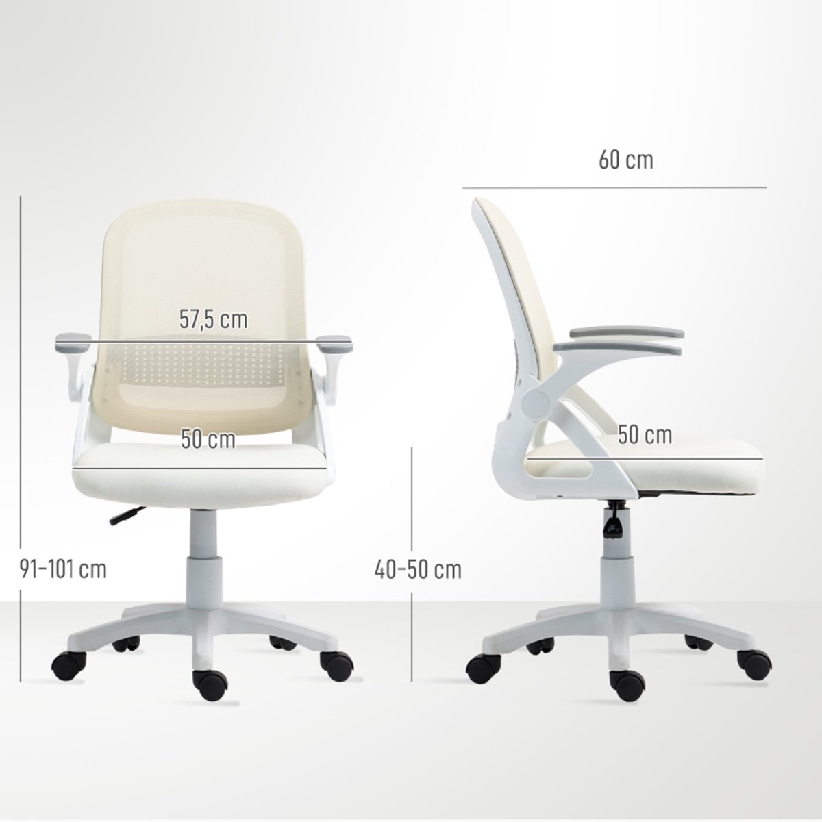 Ergonomische-Bureaustoel-Mesh-Verstelbare-Hoogte-Opklapbare-Armleuningen-360°-Draaistoel-Ademende-Office-Chair-Wit-Comfortabele-Thuiswerk-Stoel – foto 5