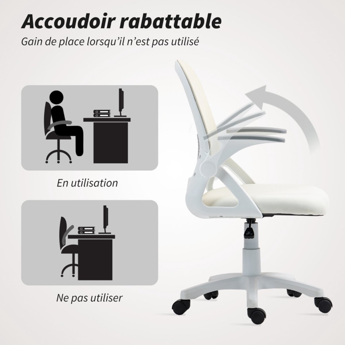 Ergonomische-Bureaustoel-Mesh-Verstelbare-Hoogte-Opklapbare-Armleuningen-360°-Draaistoel-Ademende-Office-Chair-Wit-Comfortabele-Thuiswerk-Stoel – foto 6
