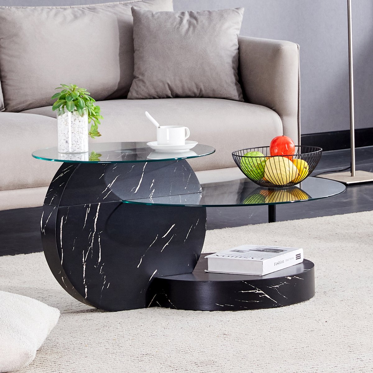 Clruro Salontafel - Dubbele Laag Gehard Glas met MDF Onderstel - Modern Design - Glas MDF - Zwart