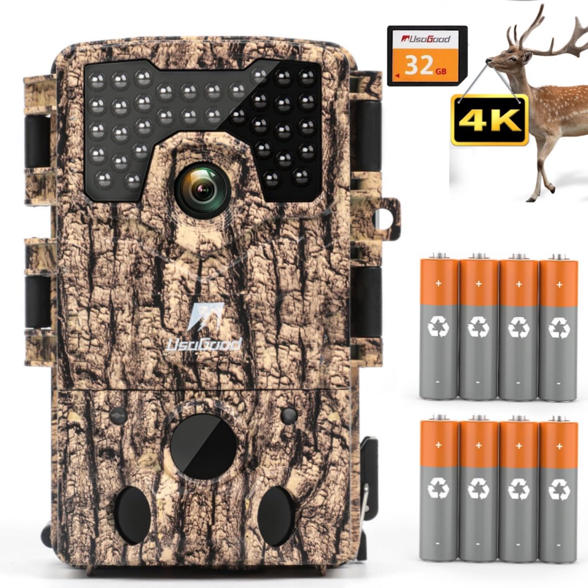 Usogood Wildcamera met Nachtzicht voor Buiten - 4K Ultra HD 48MP - 120° opnamehoek - Nachtcamera - Incl. 32GB SD & 8 Batterijen