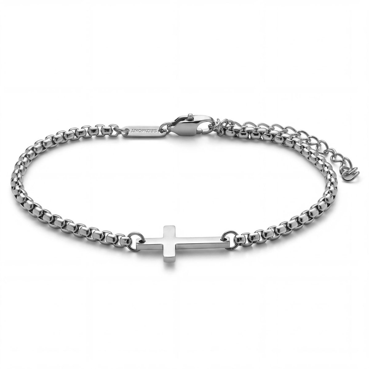 New Classics | 3 mm zilverkleurige roestvrijstalen afgeronde box chain armband met kruis