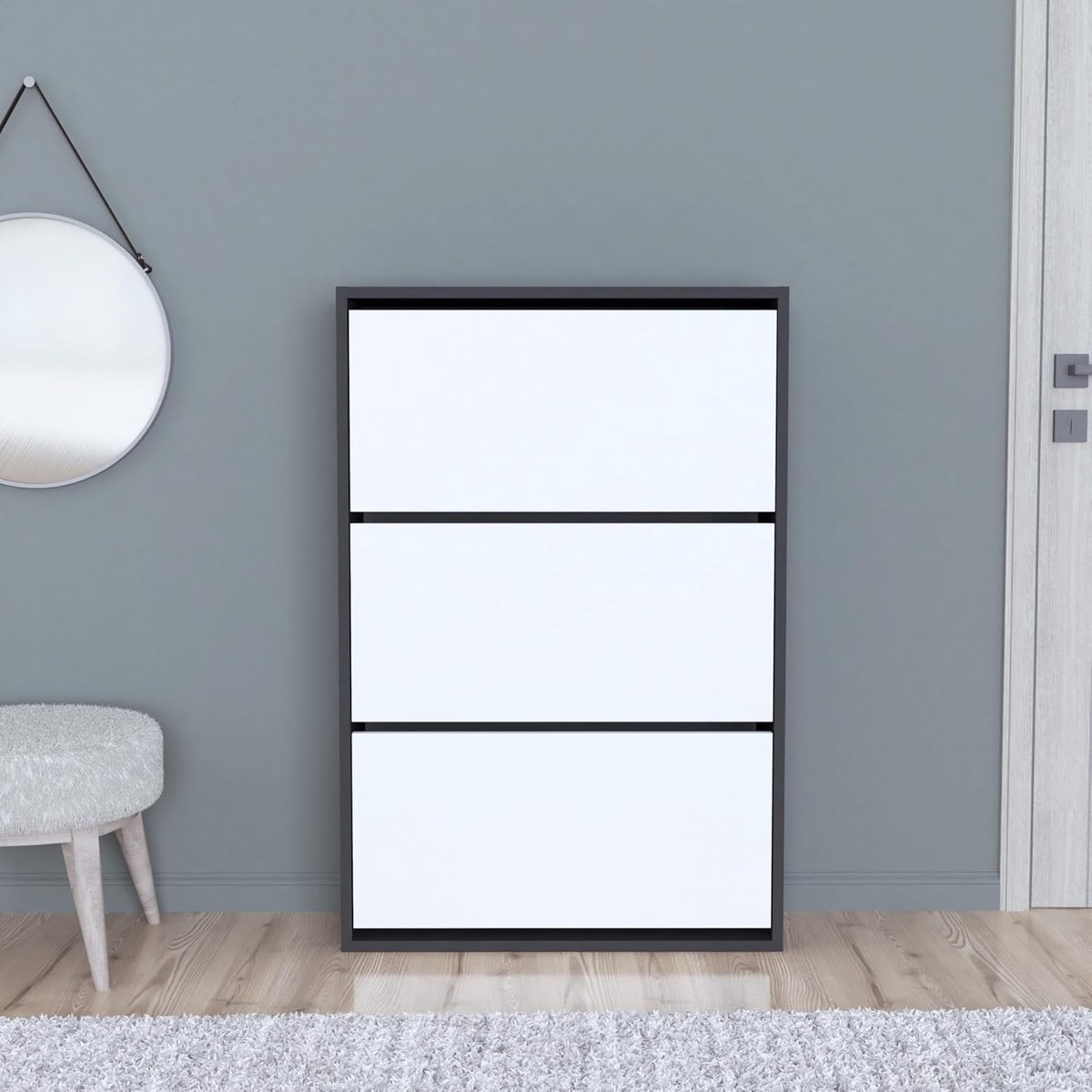 Schoenenkast met 3 Kanteldeuren – House&Garden Aurskog Slimline Schoenenkast 18 Paar – Ruimtebesparende Hal Kast 110x73,5x24 cm – Antraciet/Wit – Modern Minimalistisch Design