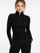 SparkNine Velora dames longsleeve - coltrui - hoge kraag met rits - aansluitende pasvorm - elastisch - S - zwart - cropped - gestreepte print
