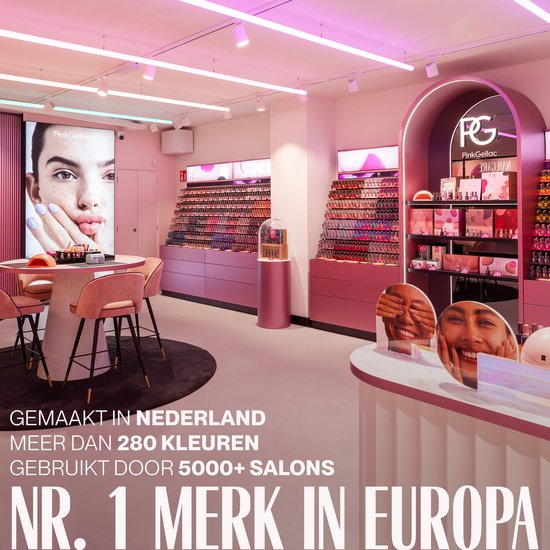 Interieur van Pink Gellac winkel. Meer dan 280 kleuren, gebruikt door 5000+ salons. Nr. 1 merk in Europa.