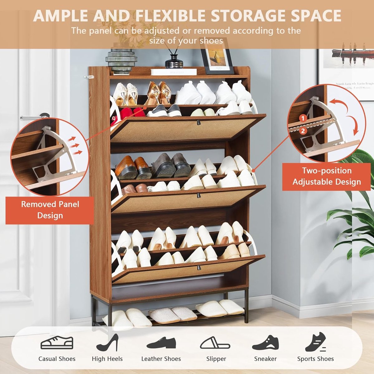 Schoenenkast met 3 Kleppen – House&Garden Premium Schoenenkast Smal – Schoenenopberger voor Hal en Entree – Opbergkast voor 16-20 Paar Schoenen – Houten Schoenenmeubel met Verstelbare Vakken – Walnootbruin – 135 x 23,5 x 80 cm