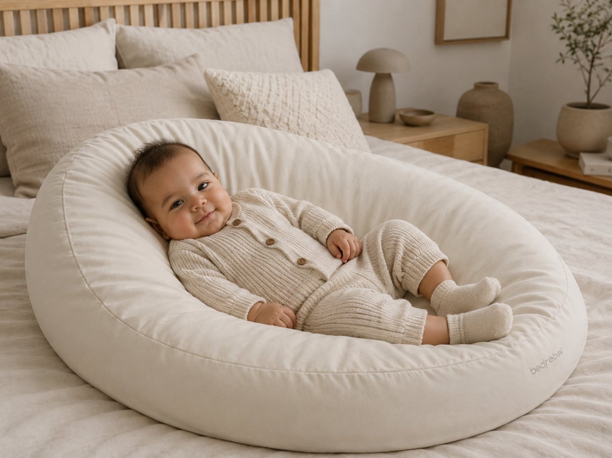 Bedrebel - Baby relax hoes voor voedingskussen zwangerschapskussen - 100% katoen satijn - beige - Ivory beige - anti doorzakken clip - baby relaxhoes