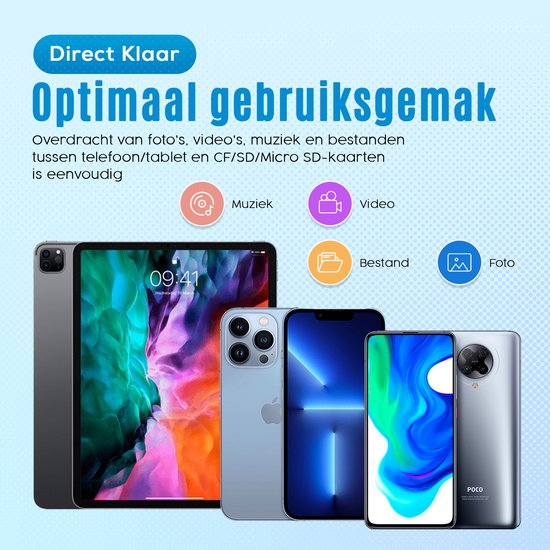 Collage van een tablet en drie smartphones, met icoontjes voor muziek, video, bestanden en foto's. Met "Optimaal Gebruiksgemak" tekst.