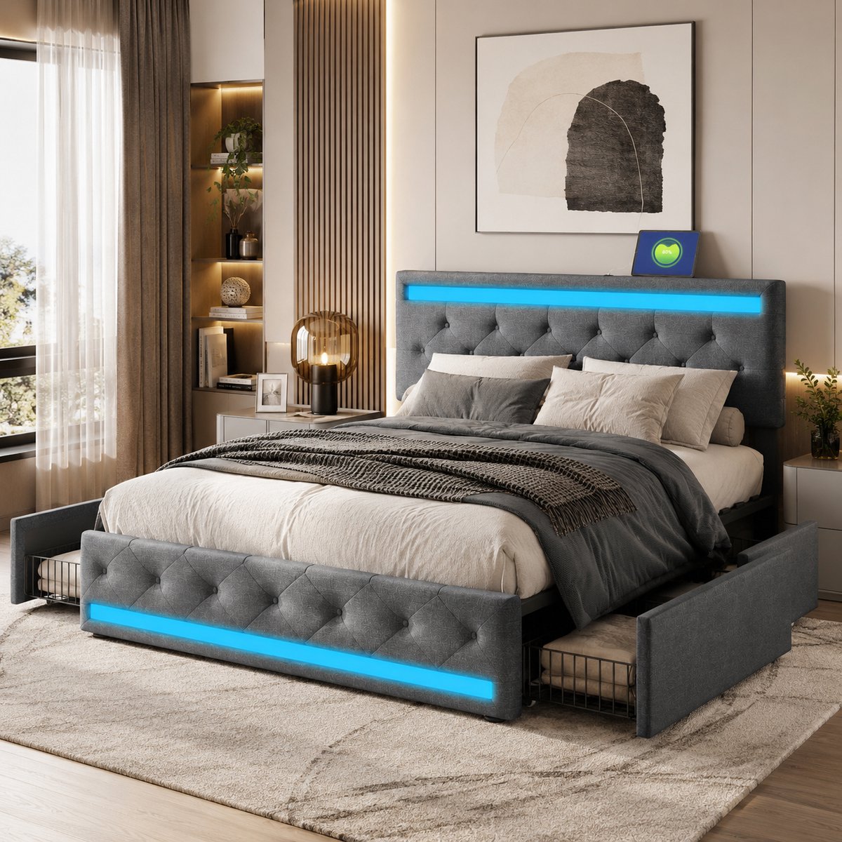 MEXUS Tweepersoonsbed 140x200 cm met lattenbodem, led- en usb-aansluiting, opbergbed met 4 lades, verstelbaar gewatteerd hoofdeinde, gestoffeerd bed met opbergruimte, linnen, donkergrijs