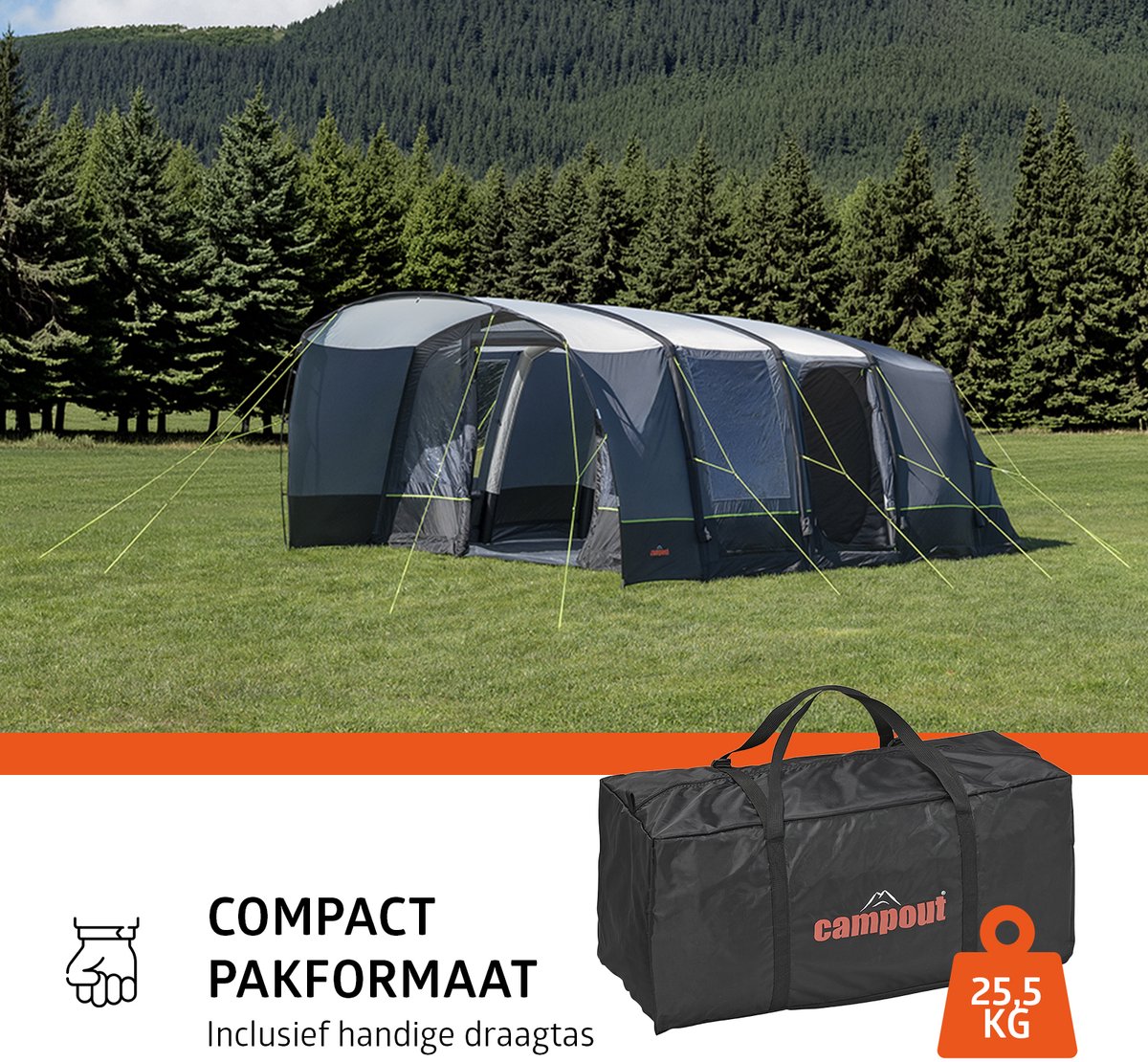 Campout 6 Persoons Opblaasbare Tunneltent Familietent – 3 Slaapcabines – 5000 mm Waterdicht – Grote Leefruimte – Incl. Pomp & Luifel – foto 6