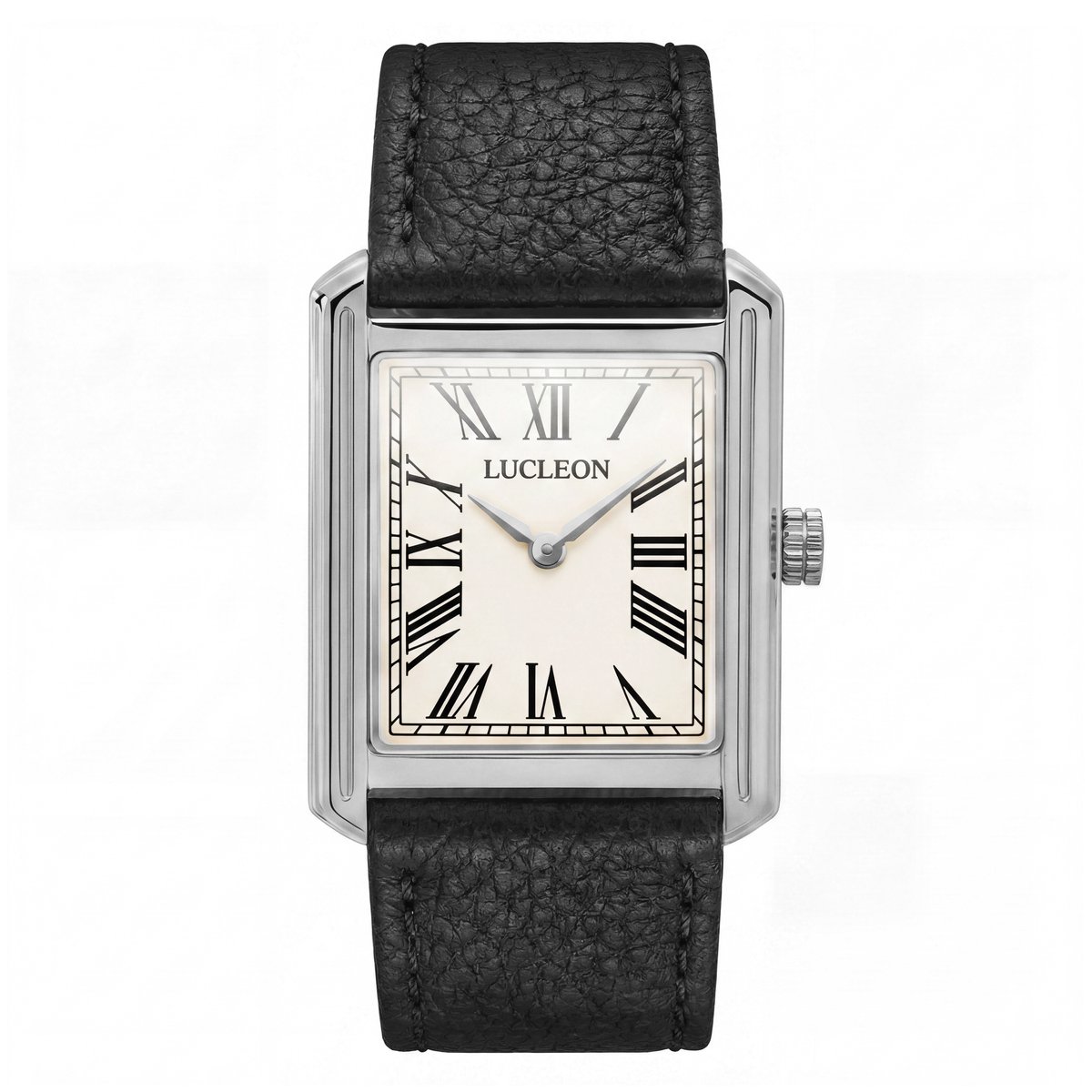 Legacy | Retro vierkant zilverkleurig horloge met crèmekleurige wijzerplaat met Romeinse cijfers en zwarte leren band
