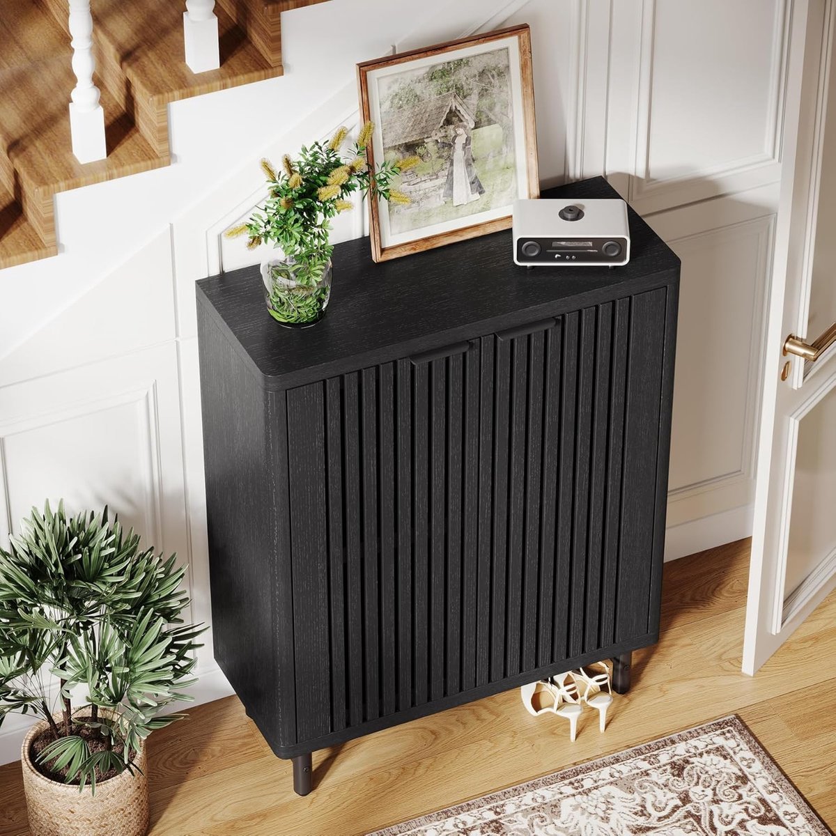 Schoenenkast 6 Niveaus Zwart met Lamellendeuren en Verstelbare Planken – 85 x 35 x 110 cm – Houten Schoenenopbergkast met Ventilatie – Moderne Hal & Entree Kast – House&Garden