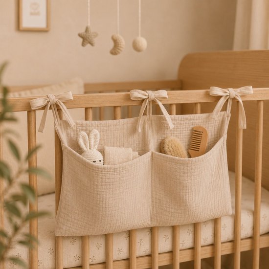 Beige hydrofiele boxopbergtas aan een ledikant. De tas heeft twee vakken met daarin een konijn, doekjes, borstel en kam. Lintjes zijn gestrikt.